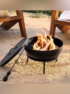 Round Outdoor Wood Burning Fire Pit w/ Spark Screen Lid Poker Backyard Patio NEW